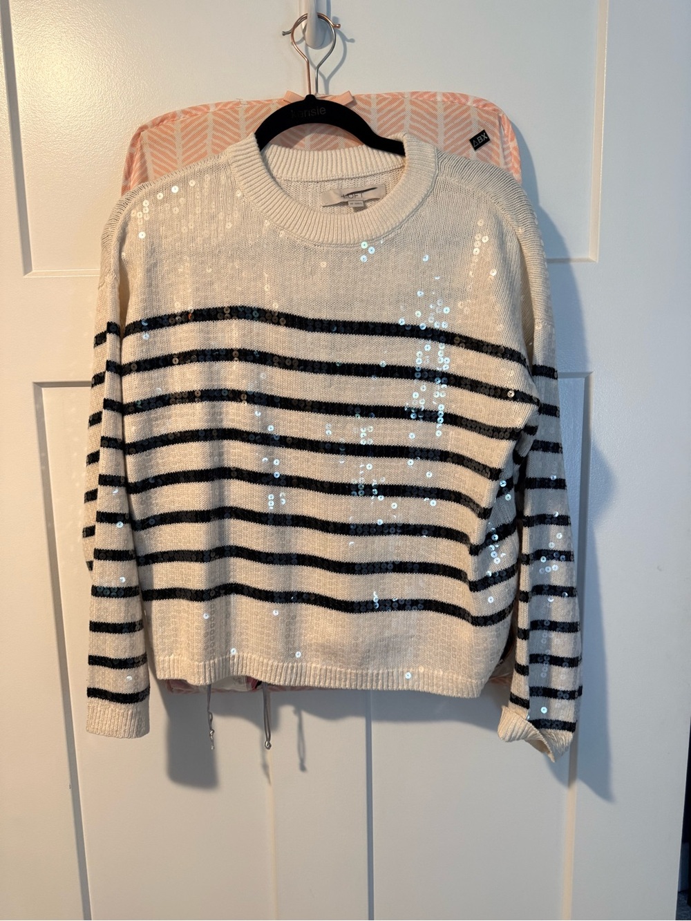 Loft Striped Sequin Crewneck Sweater - Cream/Black